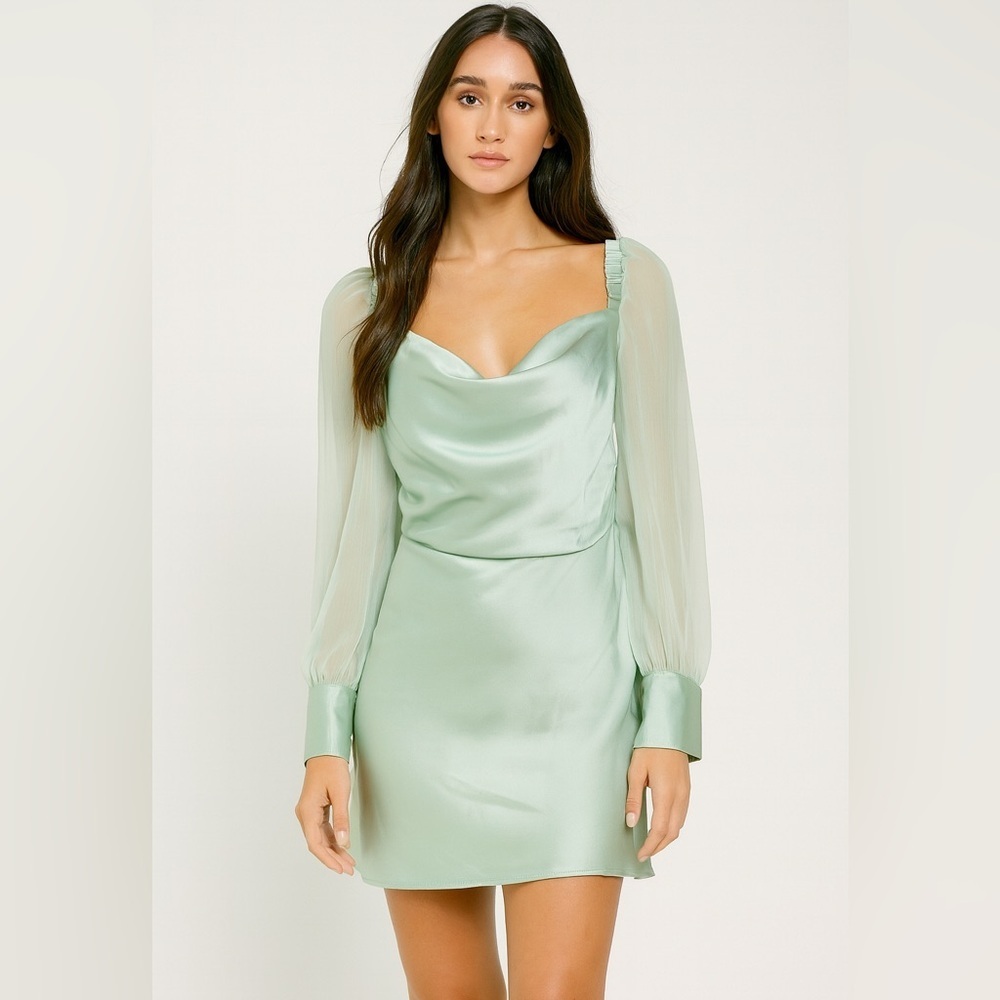 WeWoreWhat Satin Mini Dress Sage Green Sheer Sleeve Cowl Neck Revolve NWT Size 2
